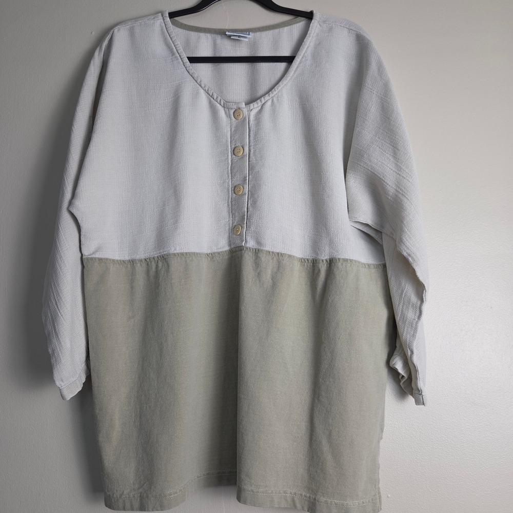 Mill Valley Cotton Henley Top Womens Large Beige Cream Colorblock Made in USA